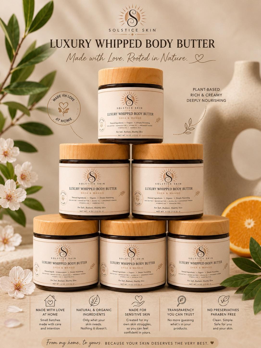 Luxury Whipped Body Butter | Shea, Mango (4 oz)- Orange Cream Dream